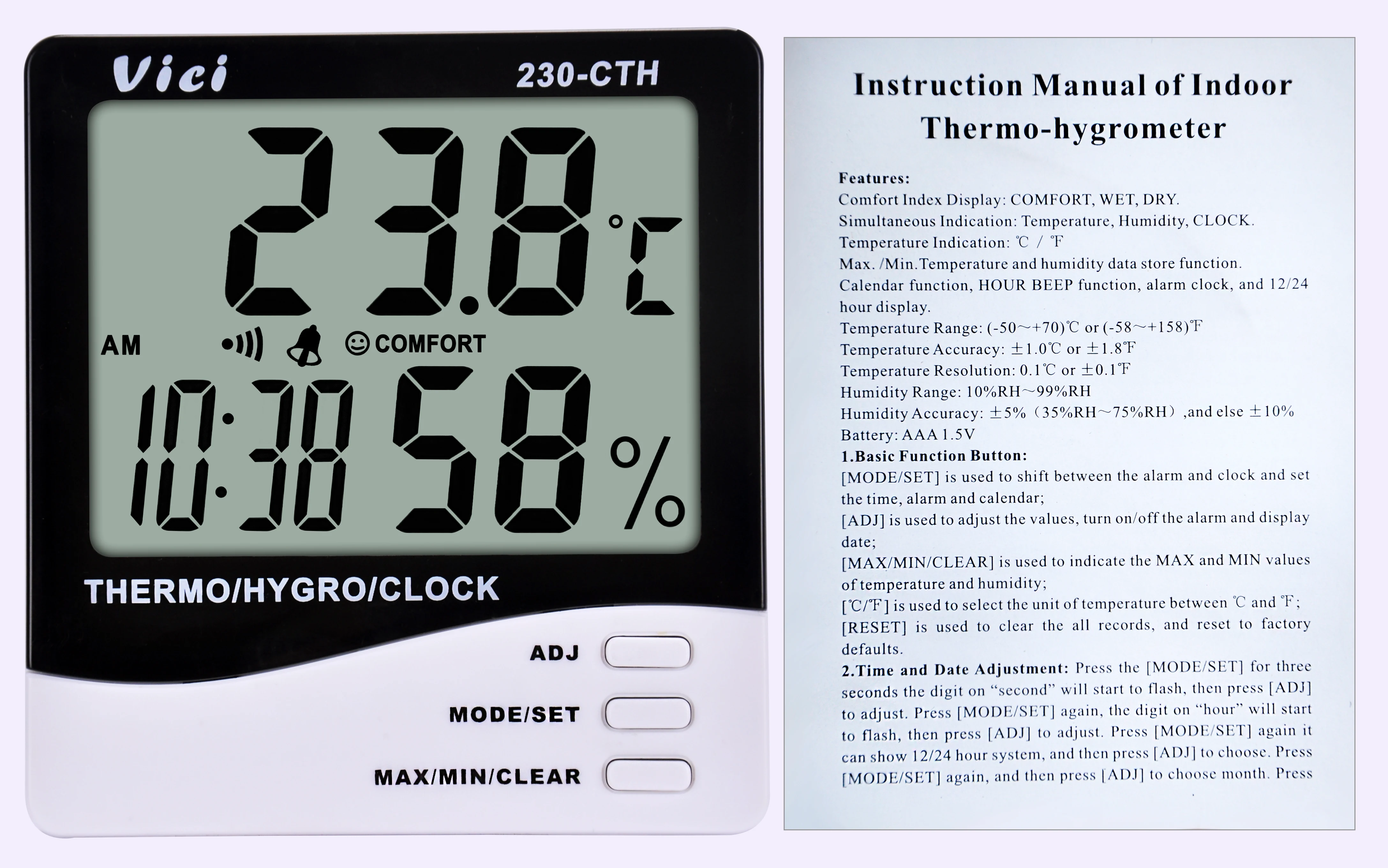 230-CTH CE approved intelligent Indoor Digital C/F Room Thermometer Hygrometer Temperature with clock calendar alarm