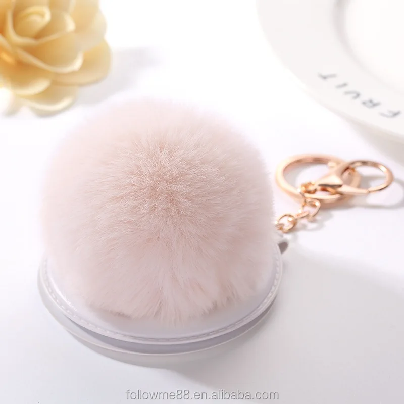 Mirror Pendent Fluffy Rabbit Fur Pompom Keychain for female gift