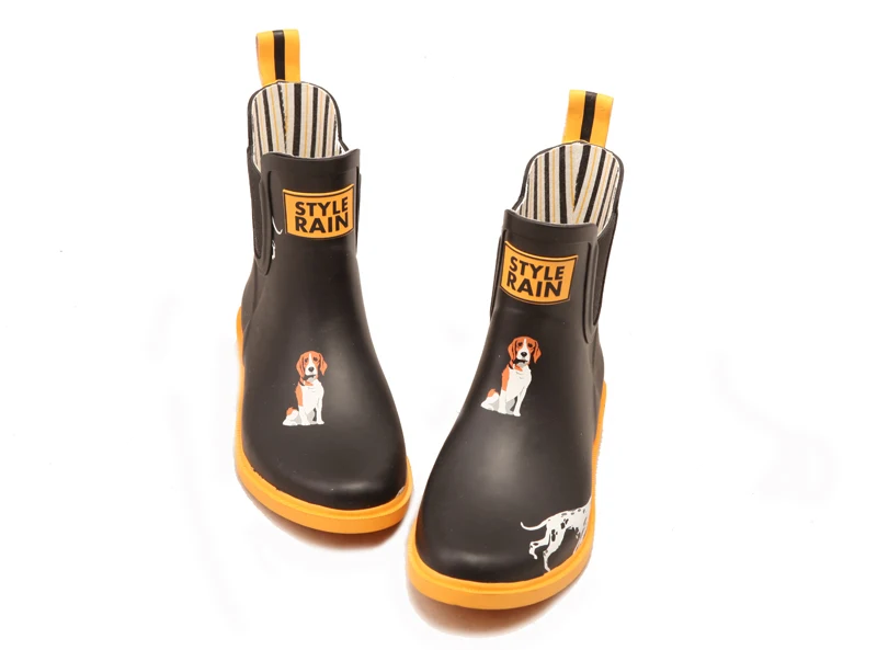 
black upper yellow rubber outsole lovely dog printed chelsea style elastic gore new style girls rain boot shoes wellies 