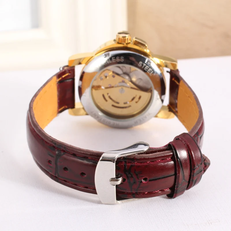 Winner Luxury Women Gift Brand Golden Skeleton Watches Relojes Mujer With Brown Leather
