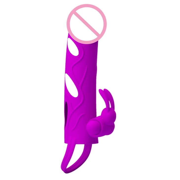 Vibrating Rabbit Sleeve Penis Extension with Bullet Soft Condom Vibrator