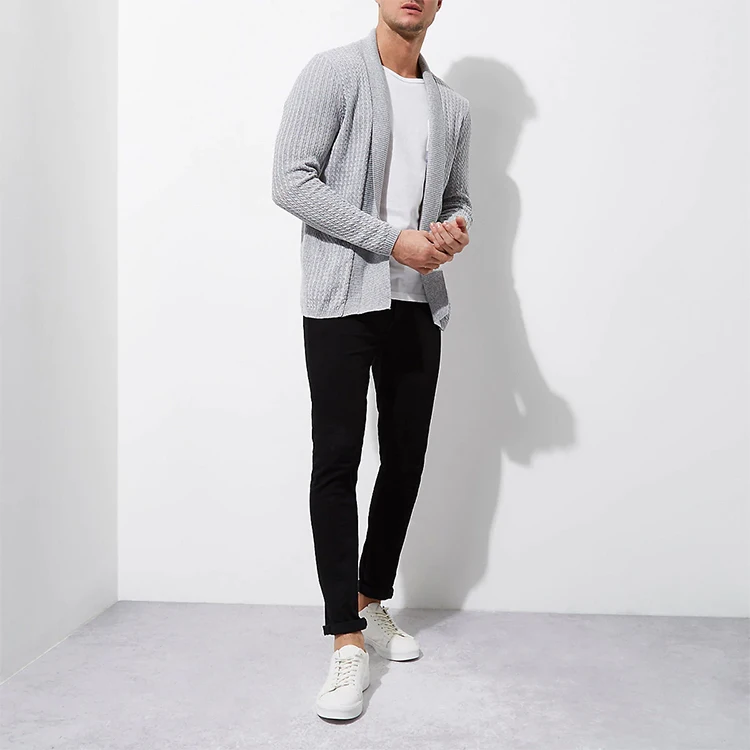 Fine Gray Color Cable Knit Open Front Cardigan Men