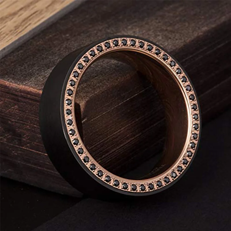 8mm Brushed Rose Gold Black Tungsten Ring with Black Cubic Zirconia Inlay Mens Wedding Band
