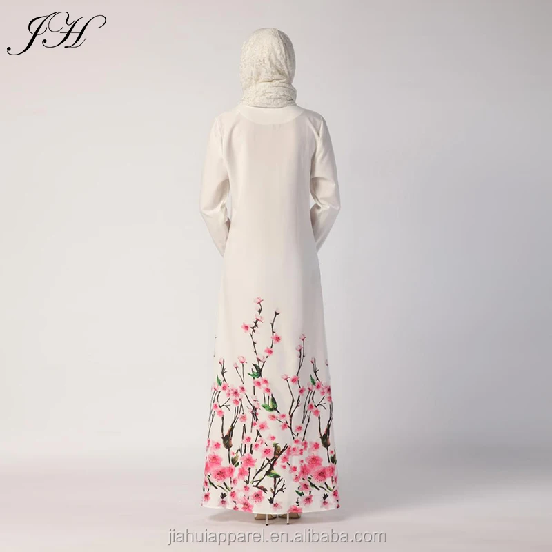 Women Muslim Abaya Dresses White Printed Long Gowns Maxi Long Sleeves Islam Festival Ladies Tradition Dresses