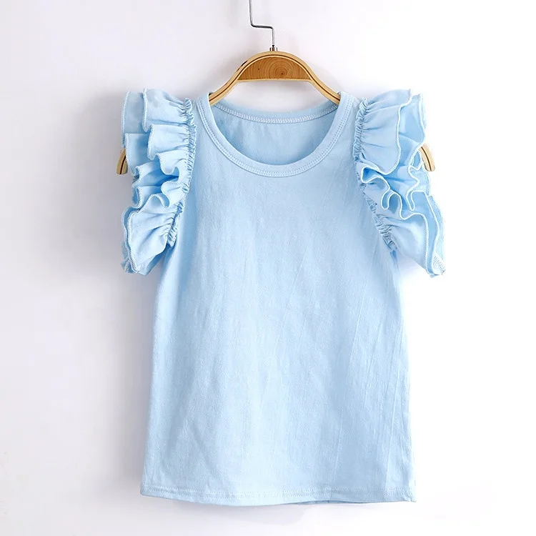
Flutter sleeve pure sky blue Baby Girls t shirts custom kids Ruffle Raglan Tops Organic Cotton Icing t-shirts for baby 