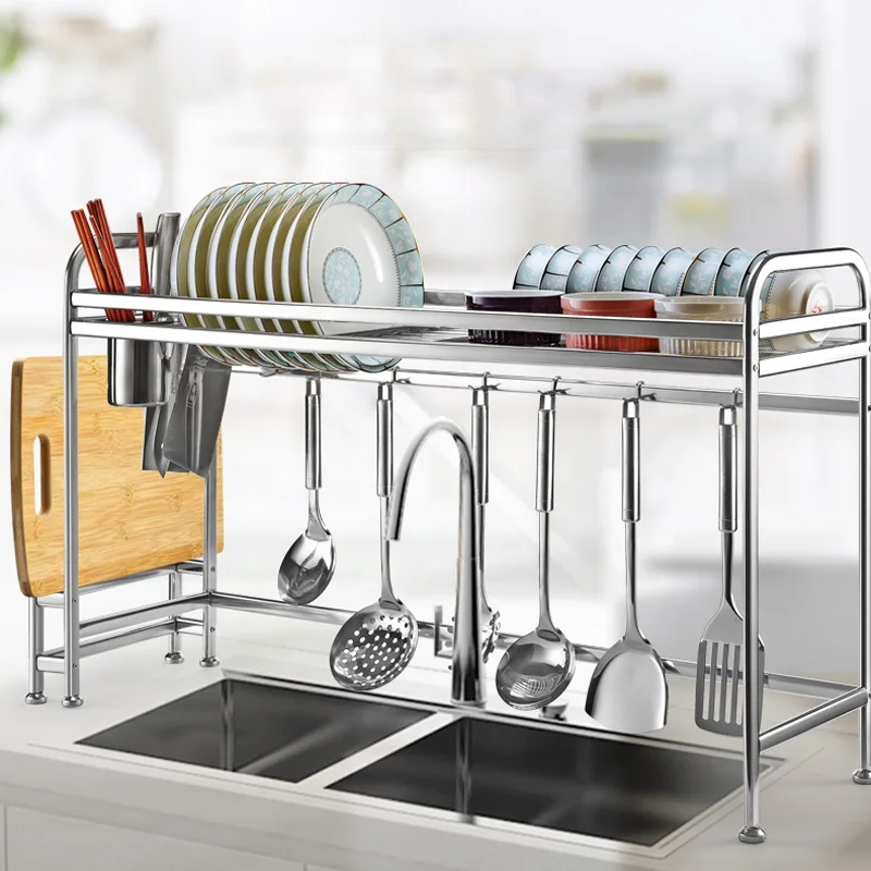 
Kitchen Cabinet Stainless Steel Double Tiered Plate Bowl Dish Rack Dish Holder 