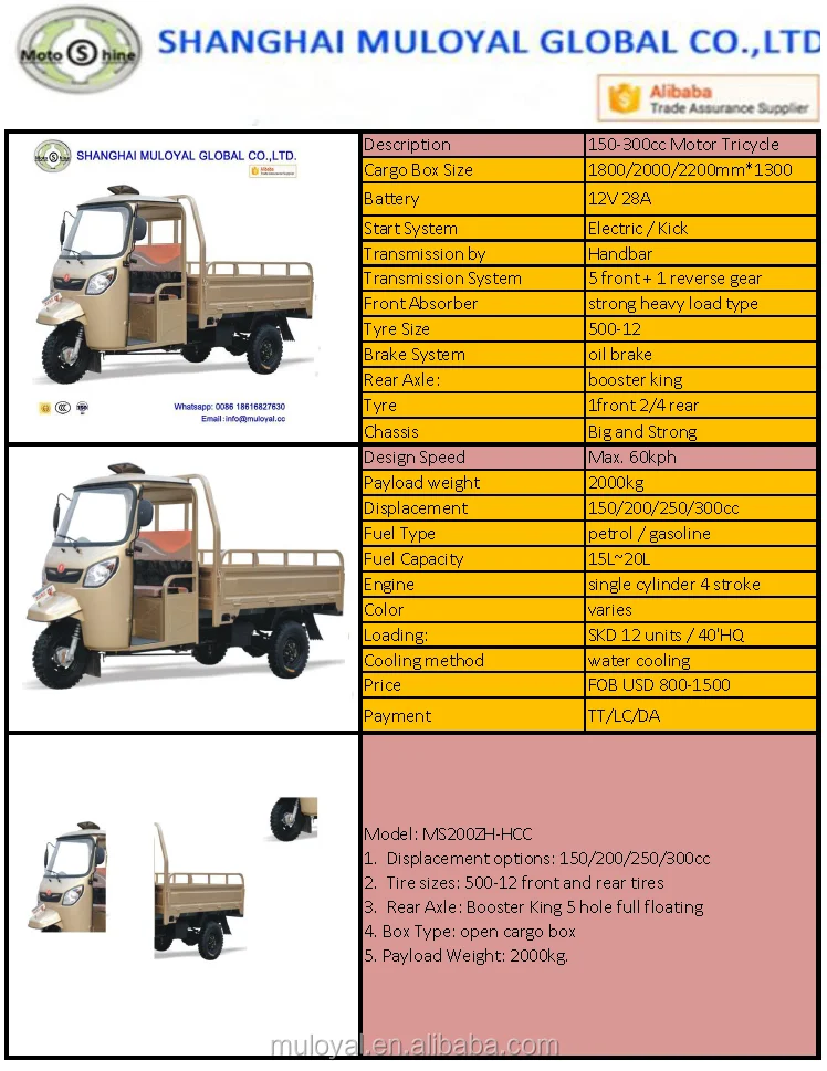 MS300ZH-HCC Gasoline Tricycle Cargo Tricycle Truck Tricycle