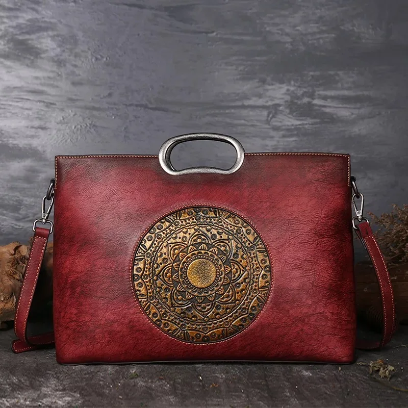 Retro Cow Leather Ladies Hand Bags Chinese Style Tote Handmade Bags Genuine Leather Handbags For Women