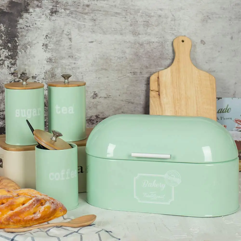 Kitchen bread box bin metal coffee sugar tea canister sets metal bread bin metal food storage box with load printing