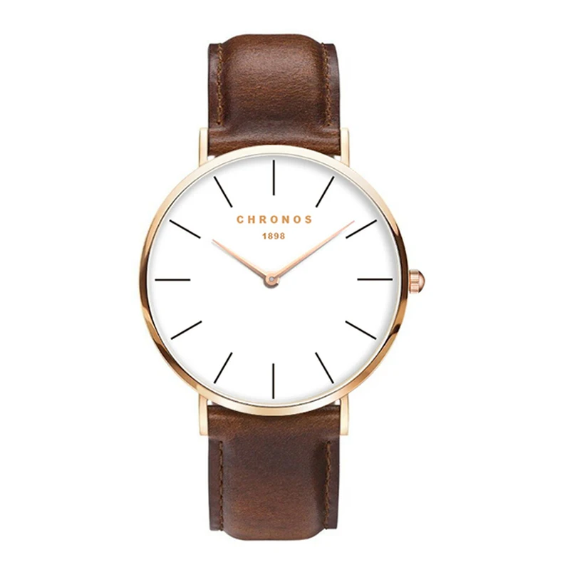 
Chronos Men Watches Leather Strap Women Watches Rose Gold Silver Quartz Wrist Watch Relogio Masculino 