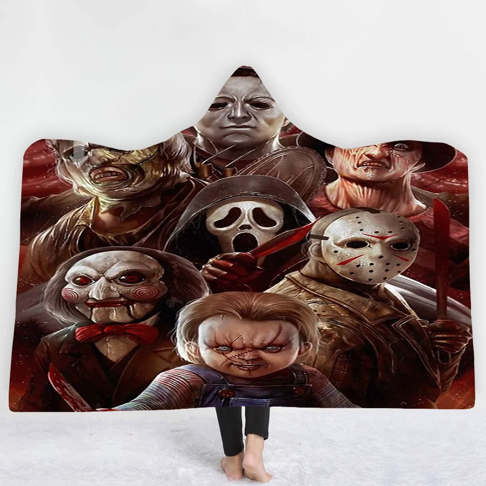 factory hot winter print adult kids print hooded blanket thick warm horror characters custom sherpa blanket