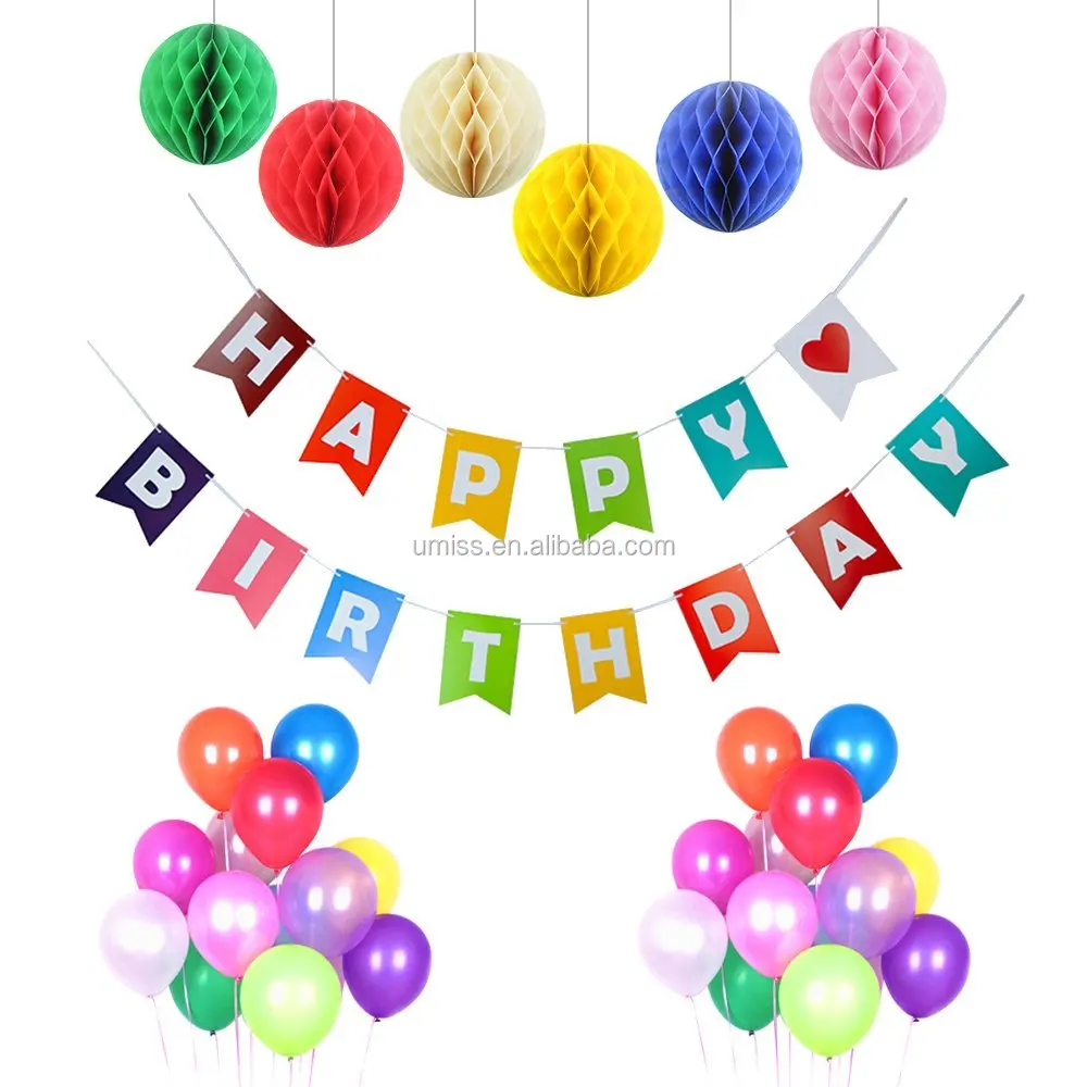 UMISS Set Of 43 Colorful Party Decorations, 1st 2nd 3rd Happy Birthday Banner, Tissue Paper Honeycomb Balls, Latex Balloons