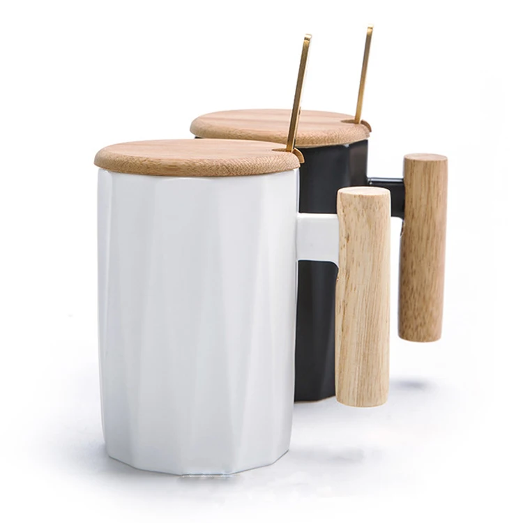 Керамическая кружка с ложкой и деревянной ручкой, 11 унций