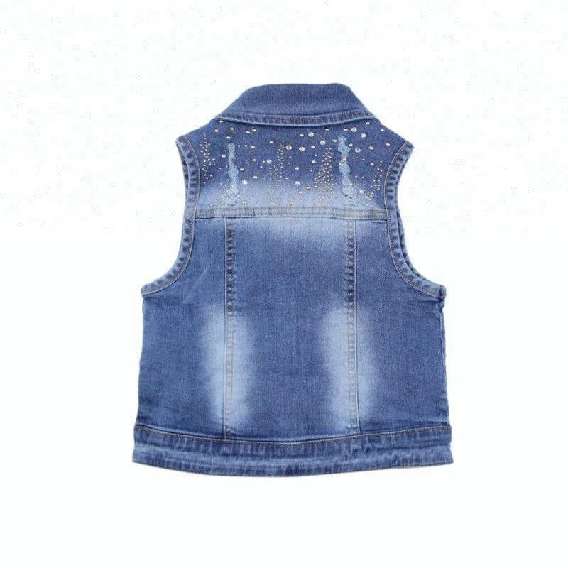 Royal wolf denim garment factory denim bead vest and ripped rhinestone jeans shorts girls summer set kids outfits