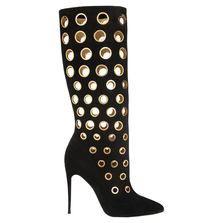 Stylish ladies women pointed toes evening dress pumps suede metal hole thigh high boots