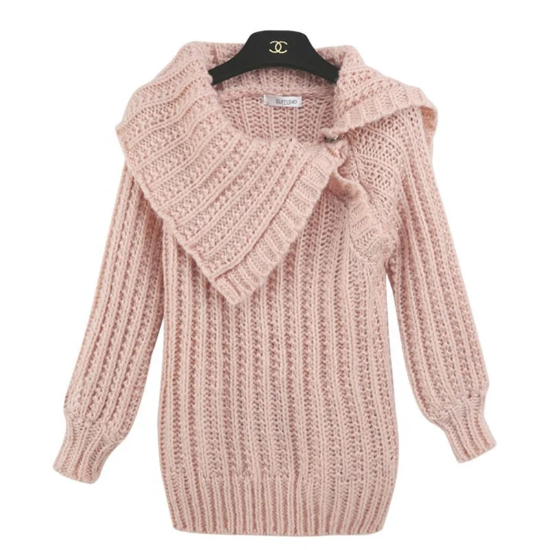 
2020 korean spring new product women sweater pink Fancy lapels long cashmere women pullover custom knit sweater dress 