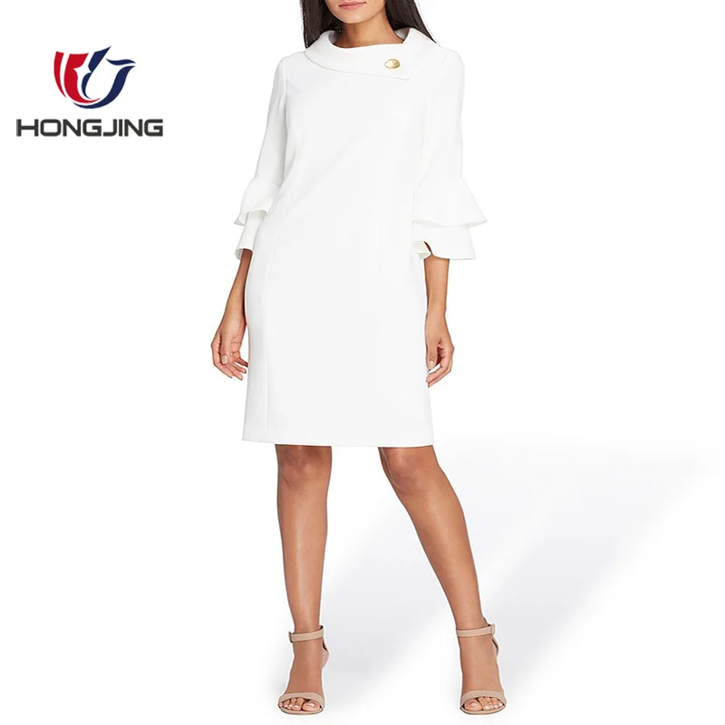 women 3/4 sleeves sheath silhouette dress back vent Broach Shawl Collar Ruffle Sleeves folded shawl collar with brooch detail