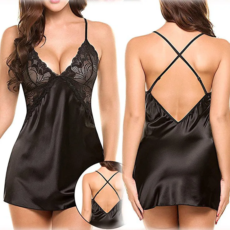 Sexy lingerie sexy ice silk back cross strap nightdress sexy underwear sexy pajama for women