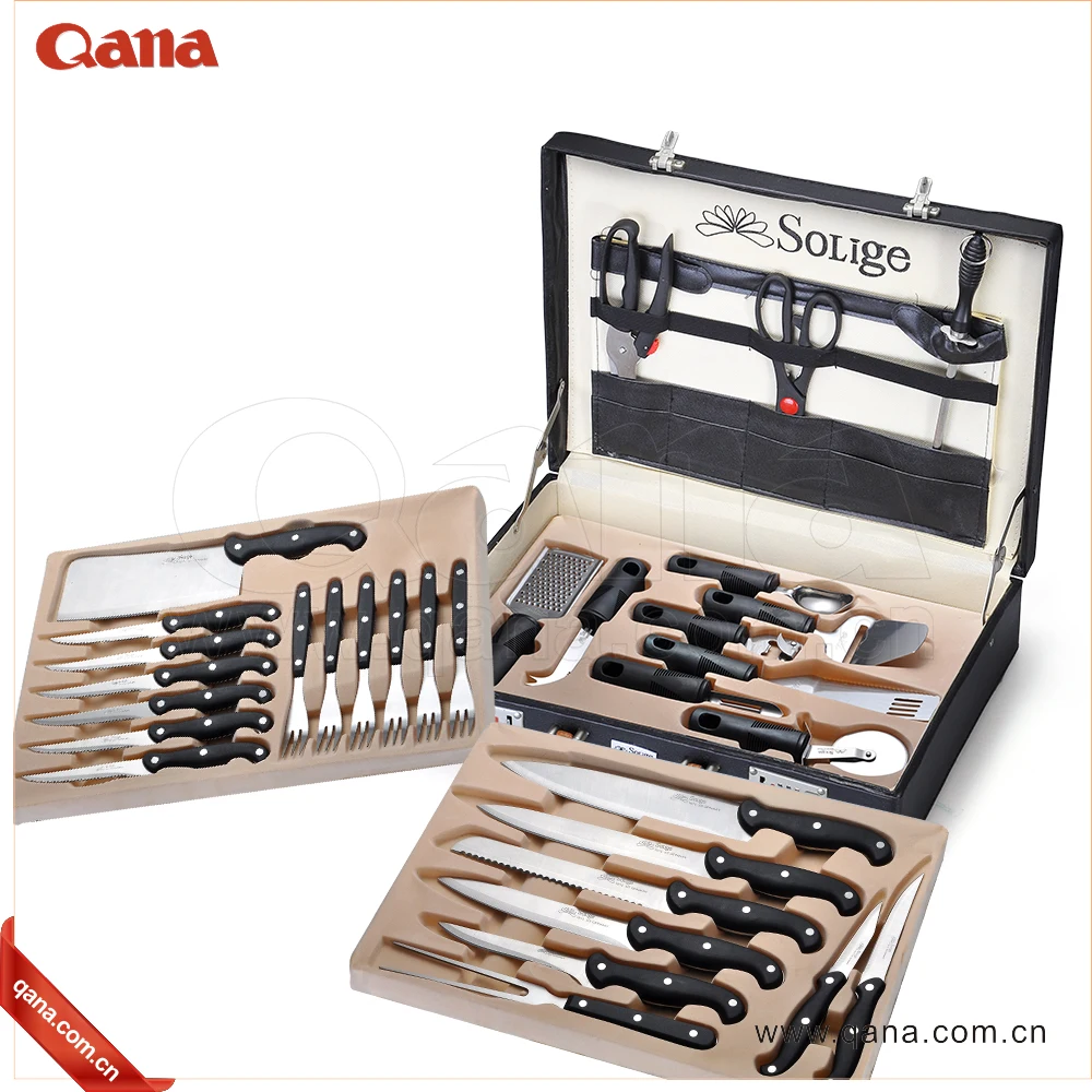 QANA Factory Wholesale OEM Knife chef Damascus Knife with Aluminium Case 25 Pcs Stainless Steel Knife Set