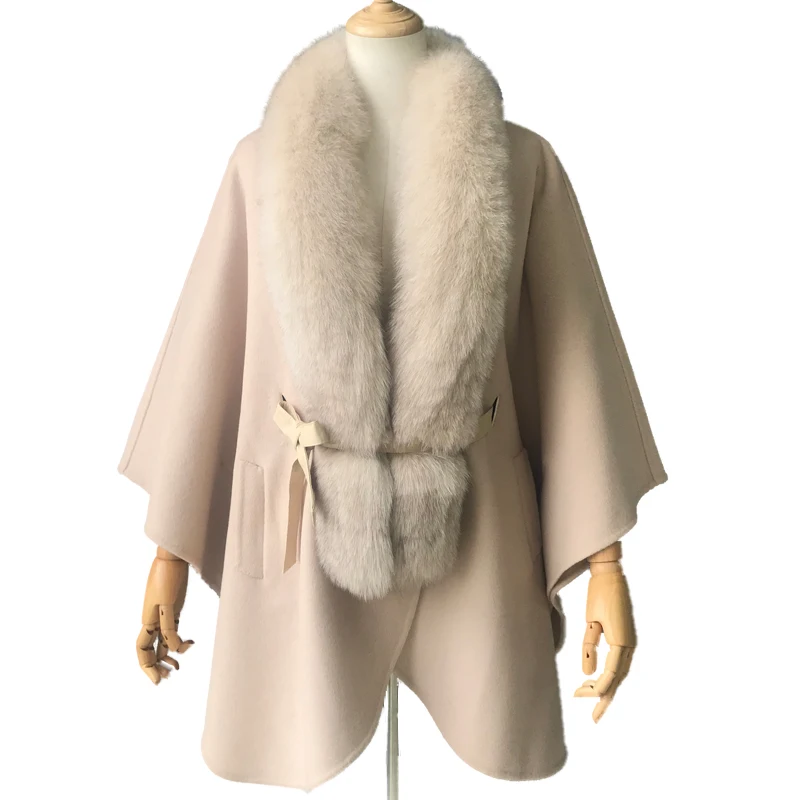 
Женская кашемировая шаль из мериноса на заказ, накидка пончо с воротником из натурального меха лисы, зимнее пончо ручной работы из 100% шерсти для женщин  (62209706429)