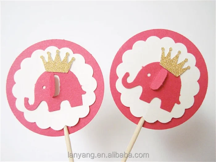 Customized Round Pink Elephant Girl Cupcake Picks Baby Shower Birthday Party Cake Decor Toppers