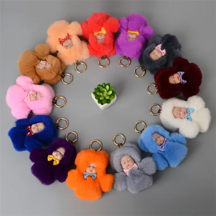 Factory wholesale lovely sleeping baby shape rex rabbit fur key chain plush doll keychain