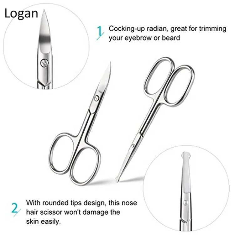 Stainless steel Curved and Round Facial Hair Scissors Set in Tin  Box