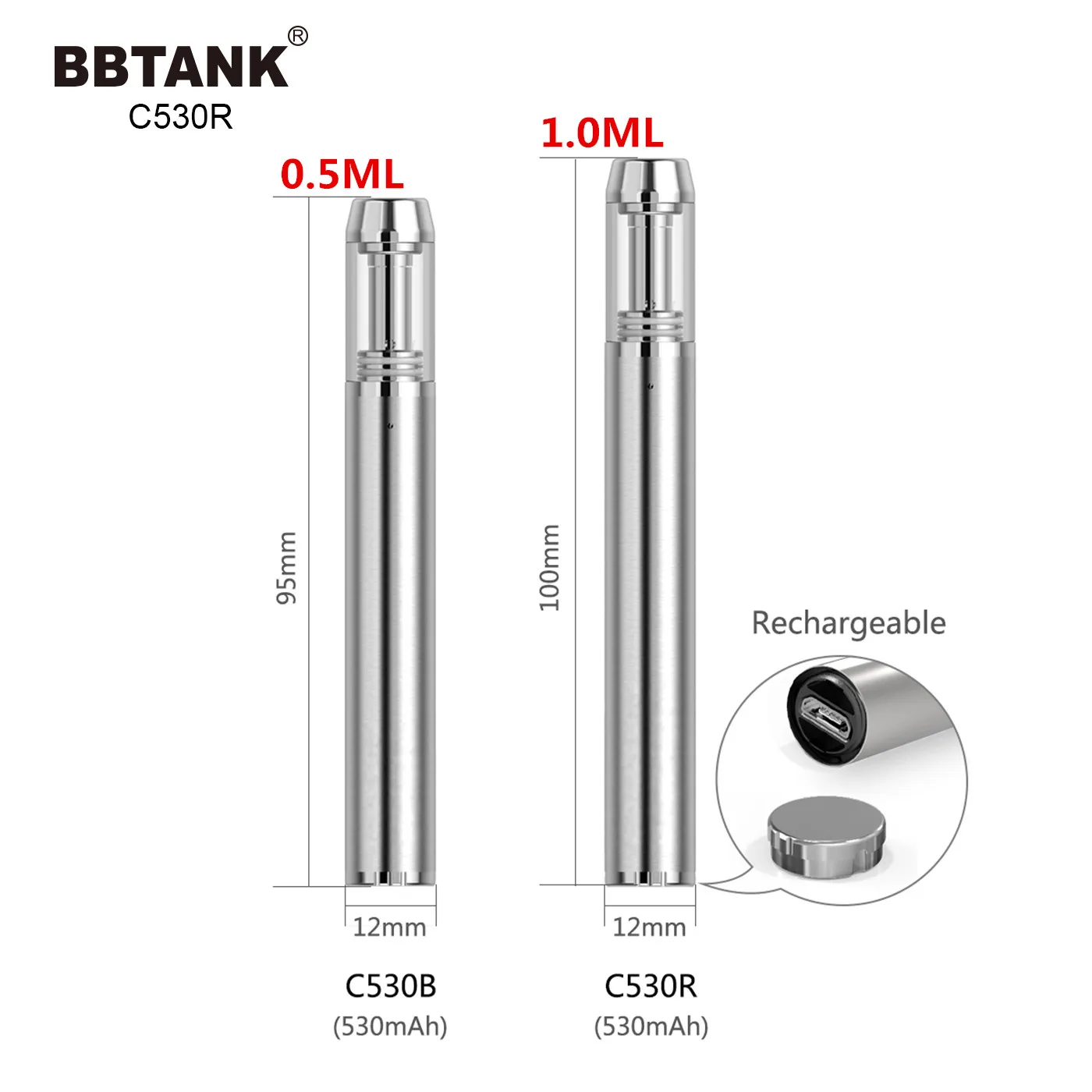 
Canada best selling ceramic tank cbd vape pen cheap one gram gold rechargeable e cigarette packaging 530mah battery BBTANK C530R 