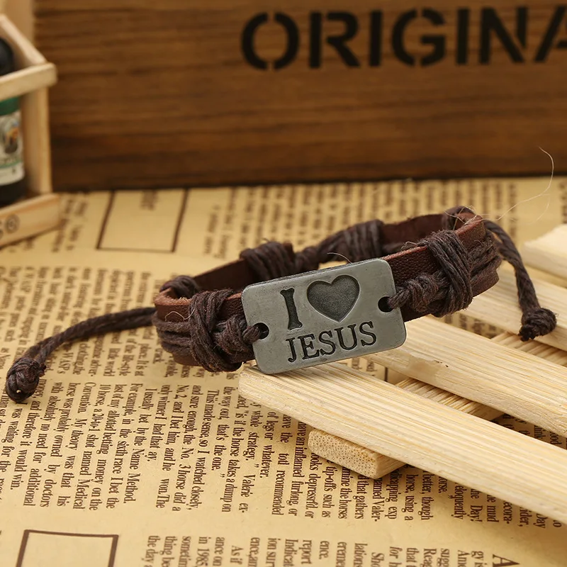 New Classic Unisex Christ I Love Jesus Cord Leather Bracelet For Gift
