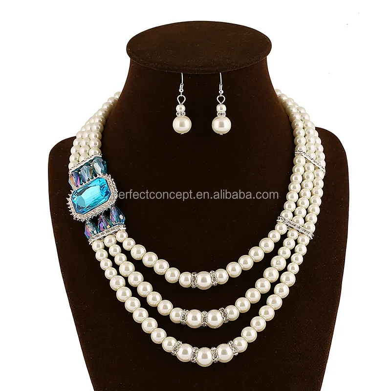 rectangle crystal pearl necklace and earring 3 rows pearl necklace women artificial jewelry