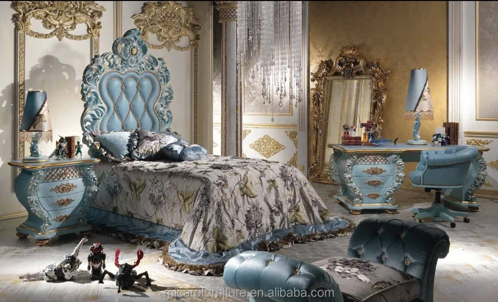 Luxury romantic wooden Sky blue color leather headboard antique Prince kids bed
