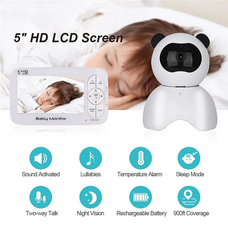 High Quality Two Way Audio Night Vision Sound Detection 5 inch HD Color Display 720P Video Baby Monitor with Camera and Audio