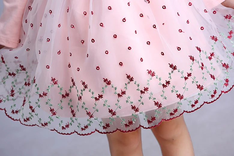 Retail Pink princess flower Embroidery Girls Pageant Dresses Long Sleeve Weddings Cheap Little Girl Party Dress