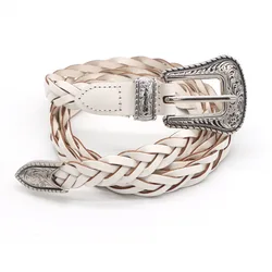 New vintage woven carved leather ladies thin belt pin buckles leather belt fashion wild casual narrow waist seal for women