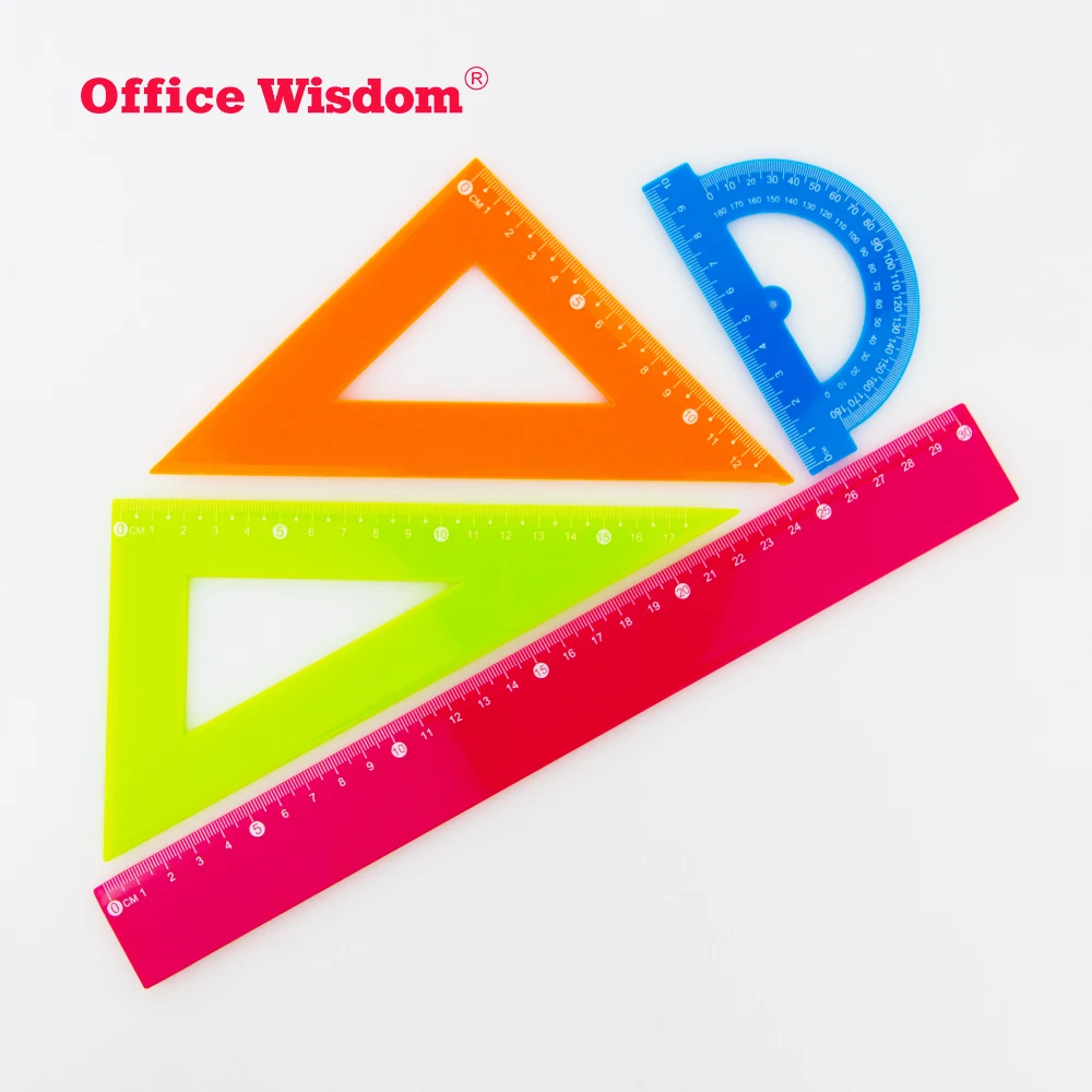 High-quality School Color Plastic Triangle Ruler Protractor 12 Inch Ruler Set 4 Pieces Geometric Ruler Set