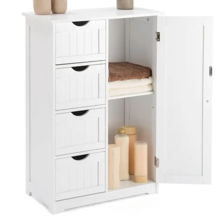 Bathroom 4 Drawer Cabinet White Wooden Storage Cupboard Standing Unit