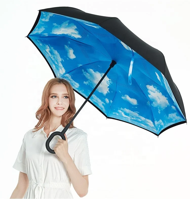 Wholesale Double Layer Pongee Fabric Manual Open Reverse Inverted Umbrella with C-Shape Handle Floral Design for Adults
