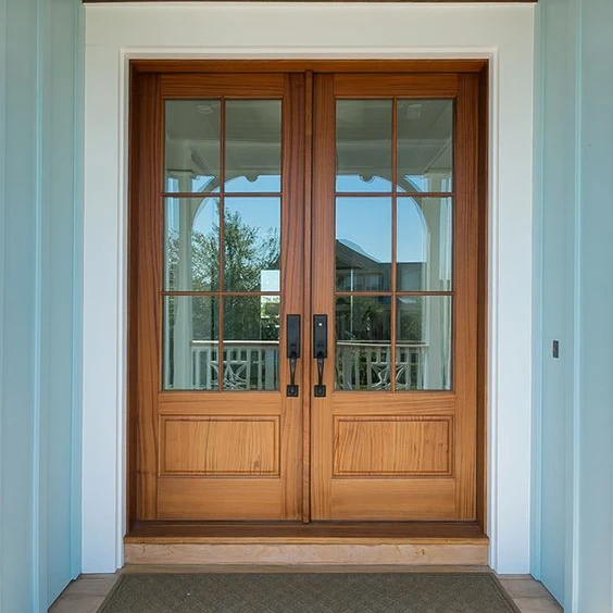 Seeyesdoor wooden double windows door tempered glass entry doors exterior for apartment