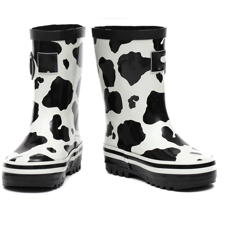 Fancy pattern online shop small moq black white cow print silicone rubber ankle child rain boots wellingtons with side buckle
