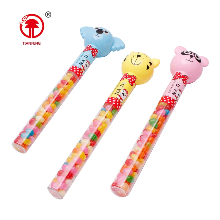 Factory manufacturer good selling halal fruit candy stick soft chewy candy gummy jelly beans cartoon stick for kids
