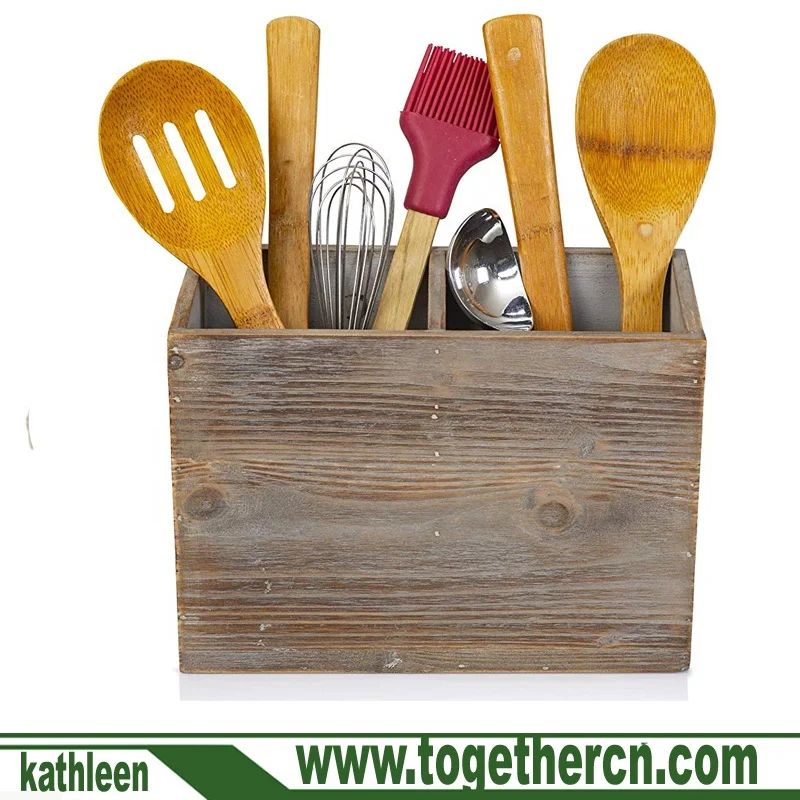 
Large Vintage Countertop Caddy Box With 2 Compartments Rustic Kitchen Utensil Holder 