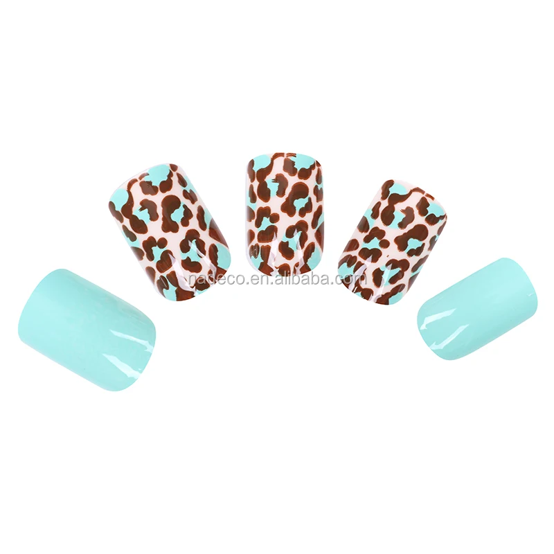 NADECO Full Cover Blue Sweet Color Sticky Nails Acrylic with Leopard Print Picture