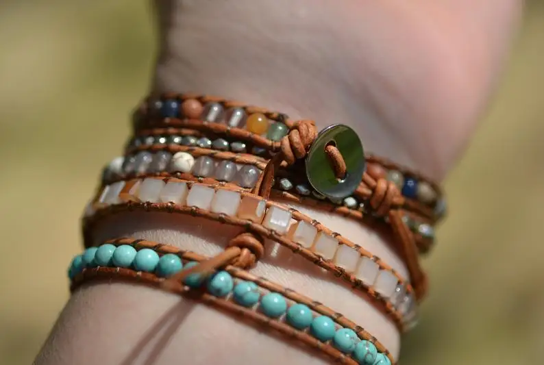 Natural Ocean Jasper Bracelet Geode Slice Gilded Druzy Bracelet Turquoise Beaded Wrap Bracelet
