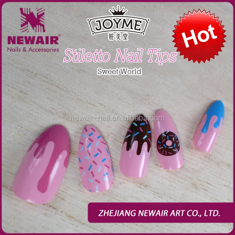 
NEWAIR high quality stiletto nail tips cute ice cream pattern pre designed nail tip full cover false nails 