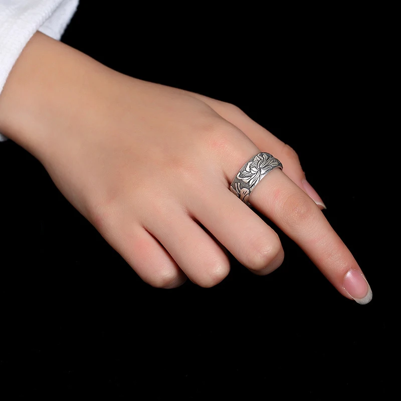 999 Sterling Silver Fine Jewelry Open Ring Buddhist Lotus Flower Men Thai Silver Fine Jewelry Gift Woman Men rings