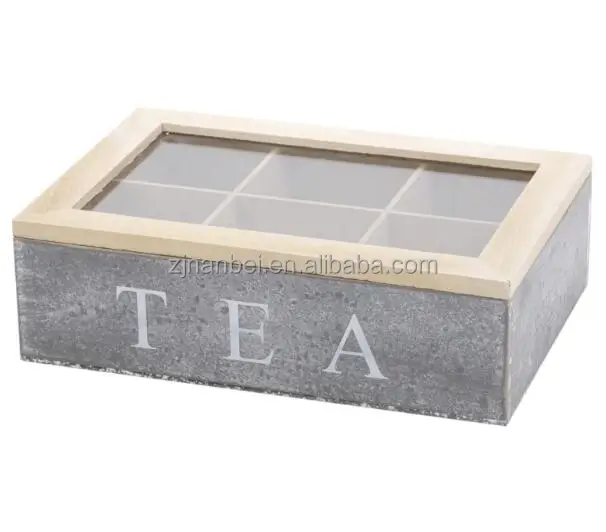 Custom logo grey finished 6 compartment wooden tea bag box with glass lid