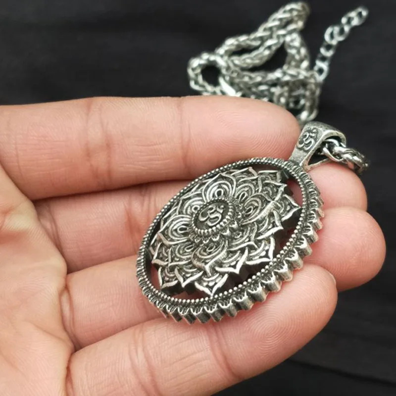 Indian Mythology Ancient Indian Mandala Flower Necklace Mandala Pendant Antique Silver Zen Yoga Necklace