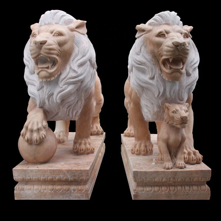 Life size hot selling sunset red marble stone lion sculpture for square bank company