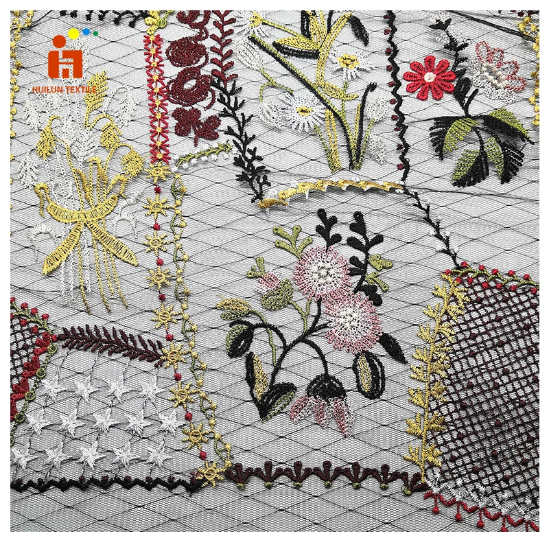 HLPD301 Mesh Custom 3D flower Embroidery Multi Color African Color Tulle Lace Fabric for Dress