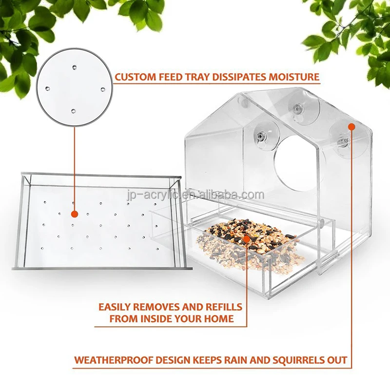 Wholesale Clear Acrylic Squirrel Proof Window Wild Bird Feeder with Tray and Suction